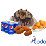 Cake de merengue + 10 bolitas de queso + 10 croquetas + 6 refrescos