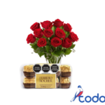 Ramo de 10 rosas rojas + estuche de bombones ferrero (16 unidades)